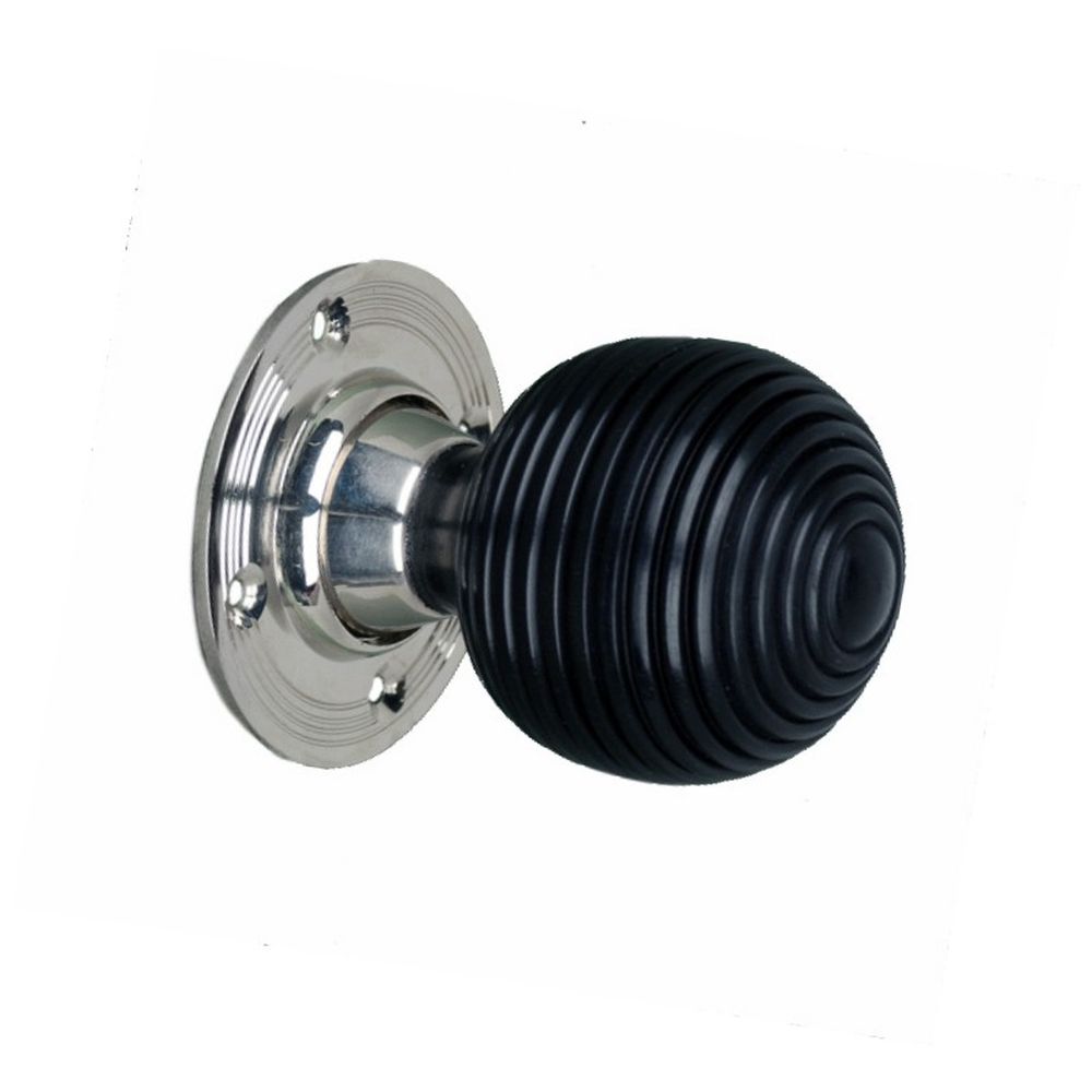 This is an image of Spira Brass - Ebony Beehive Rim/Mortice Door Knob Polished Nickel   available to order from trade door handles, quick delivery and discounted prices.