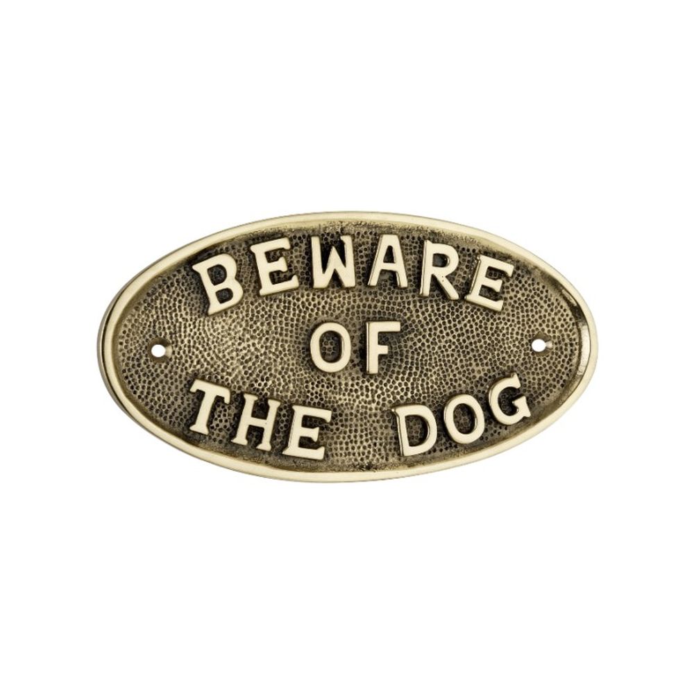 This is an image of Spira Brass - Beware Of The Dog Door Plate Polished Brass   available to order from trade door handles, quick delivery and discounted prices.