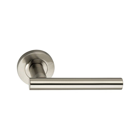 This is an image of Spira Brass - Jura Lever Door Handle Satin Nickel   available to order from trade door handles, quick delivery and discounted prices.