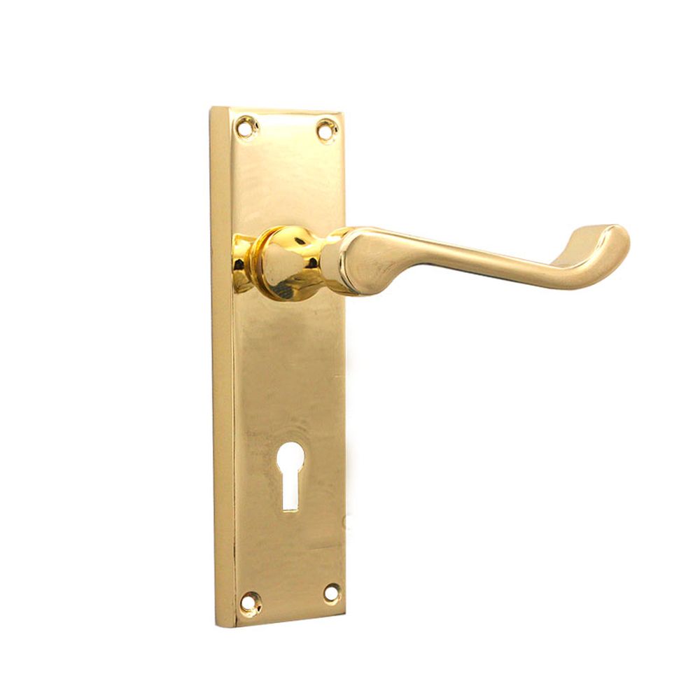 This is an image of Spira Brass - Victorian Scroll Lock Lever Handle 150mm Polished Brass   available to order from trade door handles, quick delivery and discounted prices.