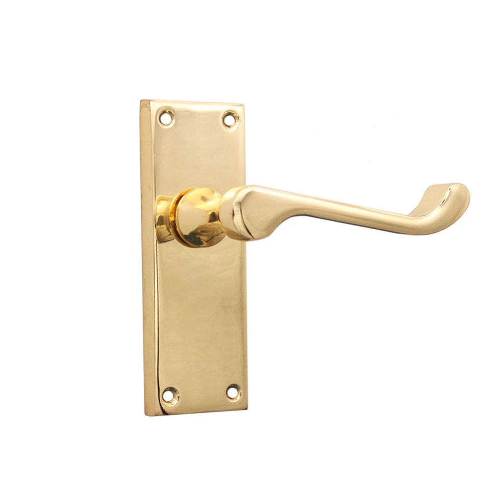 This is an image of Spira Brass - Victorian Scroll Latch Lever Handle 115mm Polished Brass   available to order from trade door handles, quick delivery and discounted prices.