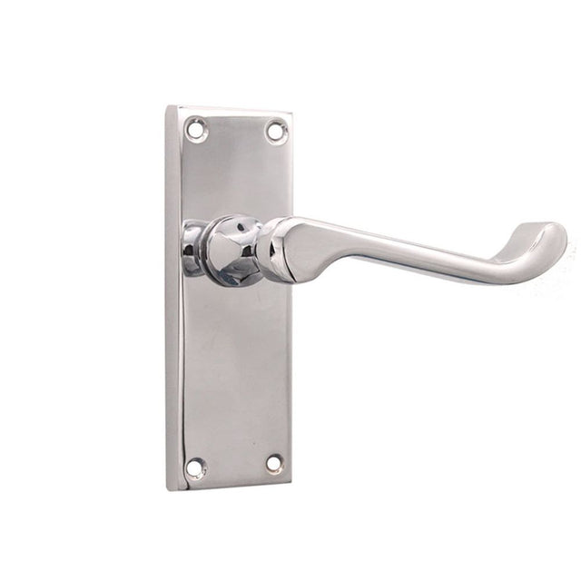 This is an image of Spira Brass - Victorian Scroll Latch Lever Handle 115mm Polished Chrome   available to order from trade door handles, quick delivery and discounted prices.