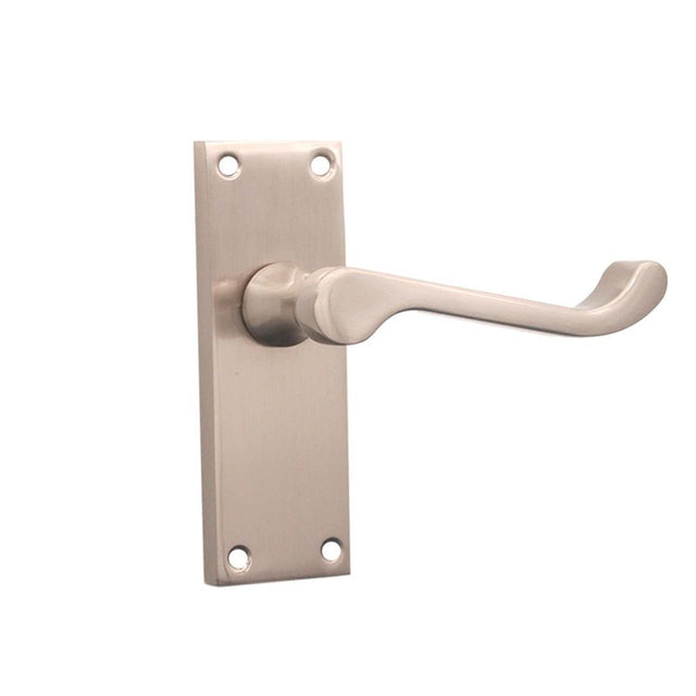 This is an image of Spira Brass - Victorian Scroll Latch Lever Handle 115mm Satin Nickel   available to order from trade door handles, quick delivery and discounted prices.