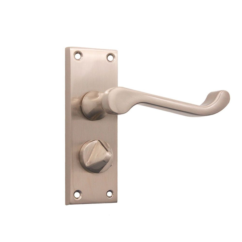 This is an image of Spira Brass - Victorian Scroll Privacy Lever Handle 115mm Satin Nickel   available to order from trade door handles, quick delivery and discounted prices.