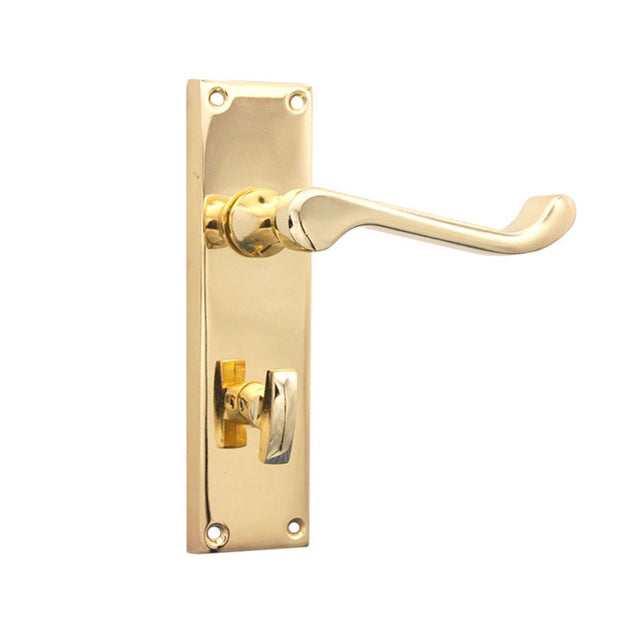 This is an image of Spira Brass - Victorian Scroll Privacy Lever Handle 150mm Polished Brass   available to order from trade door handles, quick delivery and discounted prices.