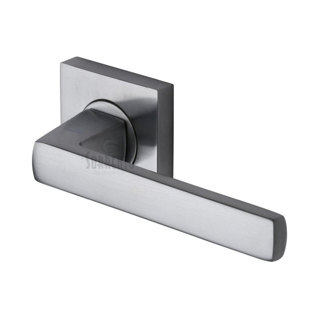 This is an image of a Sorrento - Door Handle Lever Latch on Round Rose Axis Design Satin Chrome Finish, sc-4062-sc that is available to order from Trade Door Handles in Kendal.