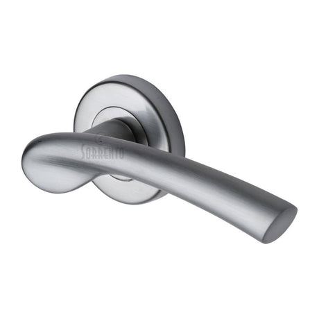 This is an image of a Sorrento - Door Handle Lever Latch on Round Rose Paris Design Satin Chrome Finish, sc-6743-sc that is available to order from Trade Door Handles in Kendal.