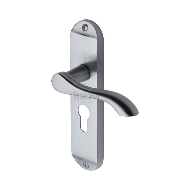 This is an image of a Sorrento - Door Handle for Euro Profile Plate Aurora Design Satin Chrome Finish, sc-7348-sc that is available to order from Trade Door Handles in Kendal.