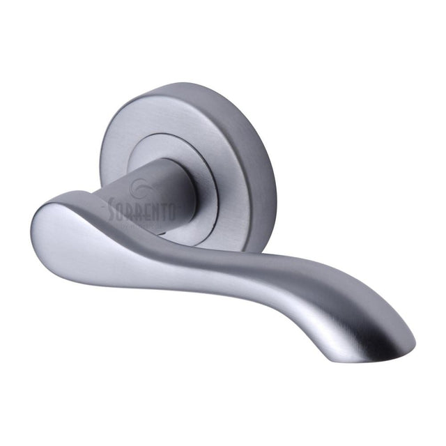 This is an image of a Sorrento - Door Handle Lever Latch on Round Rose Aurora Design Satin Chrome Finis, sc-7352-sc that is available to order from Trade Door Handles in Kendal.