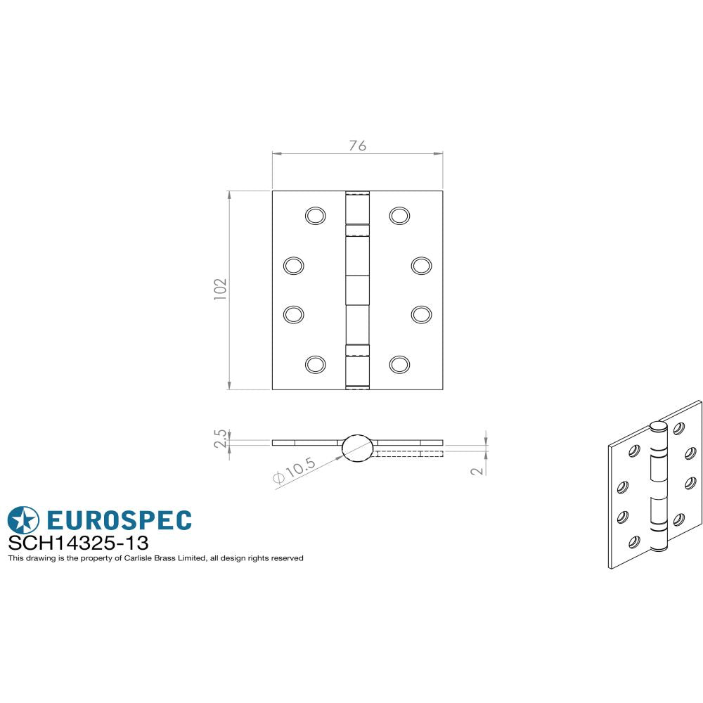 This image is a line drwaing of a Eurospec - Enduro Grade 13 Slim Knuckle Hinge 102 x 76mm - SSS available to order from Trade Door Handles in Kendal