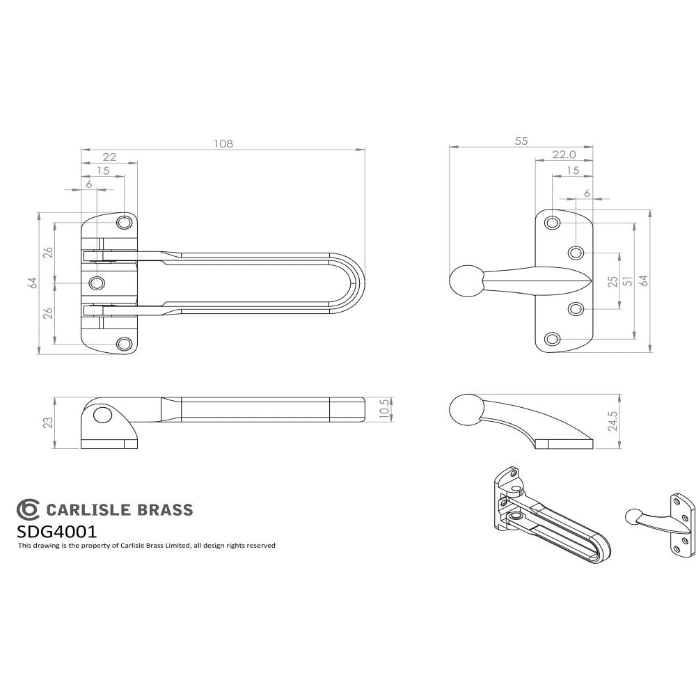 This image is a line drwaing of a Carlisle Brass - Door Guard - Satin Nickel available to order from Trade Door Handles in Kendal