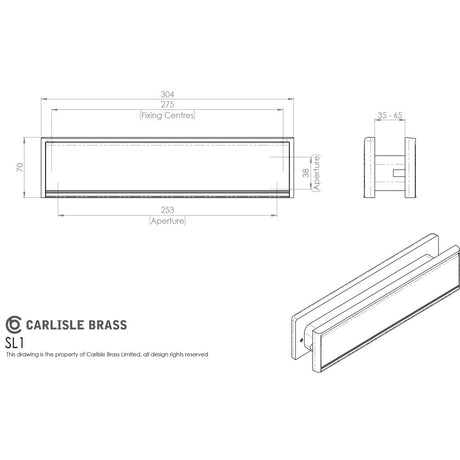 This image is a line drwaing of a Carlisle Brass - Sleeve Letter Plate 300 x 69mm - SAA available to order from Trade Door Handles in Kendal