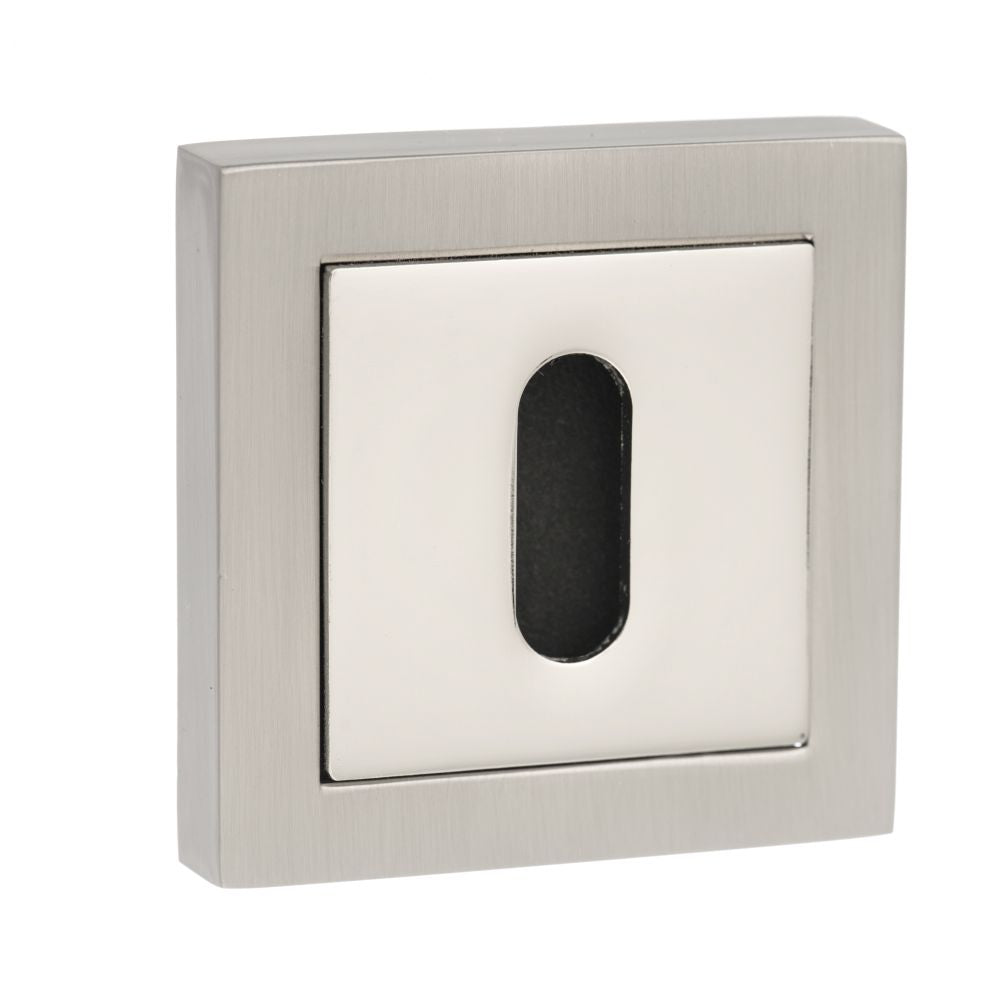 This is an image of Senza Pari Key Escutcheon on Square Rose - Satin Nickel/Polished Nickel available to order from Trade Door Handles.