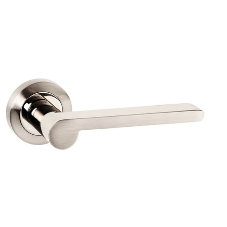 This is an image of Senza Pari Darrio Designer Lever on Round Rose - Satin Nickel/Polished Nickel available to order from Trade Door Handles.
