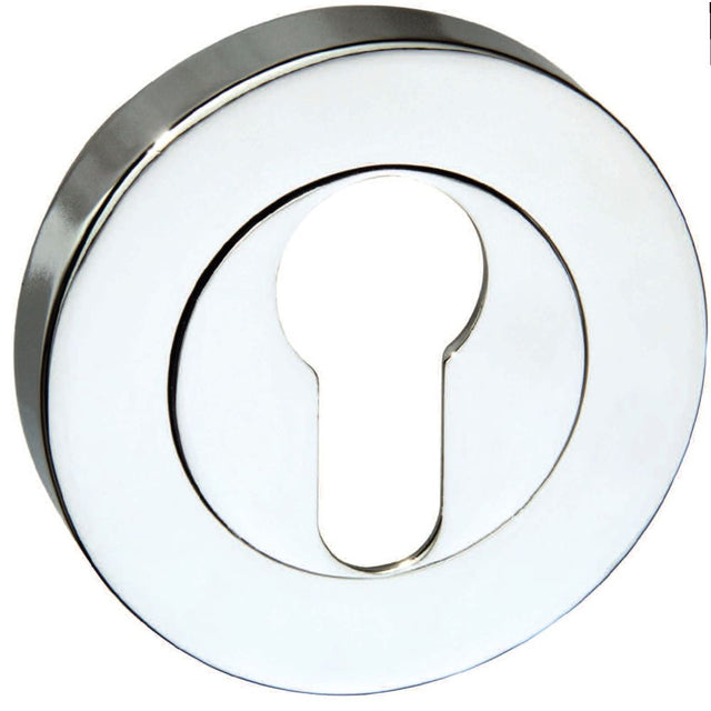 This is an image of Senza Pari Euro Escutcheon on Round Rose - Polished Chrome available to order from Trade Door Handles.