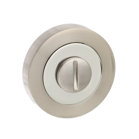 This is an image of Senza Pari WC Turn and Release on Round Rose - Satin Nickel/Chome Plate available to order from Trade Door Handles.