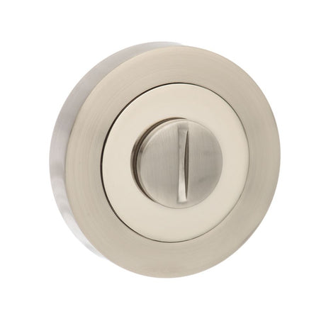 This is an image of Senza Pari WC Turn and Release on Round Rose - Satin Nickel/Polished Nickel available to order from Trade Door Handles.