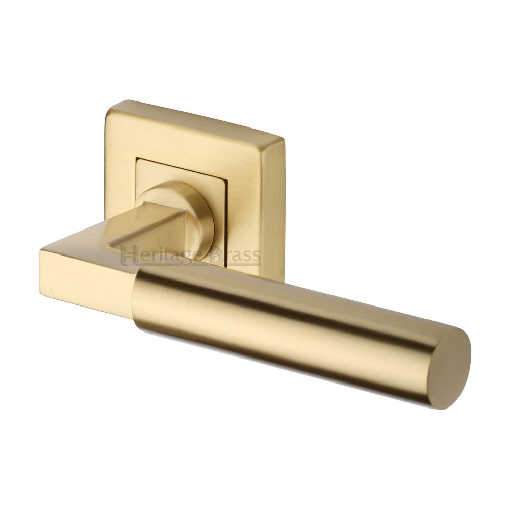 This is an image of a Heritage Brass - Door Handle Lever on Rose Bauhaus Sq Design Satin Brass Finish, sq1926-sb that is available to order from Trade Door Handles in Kendal.