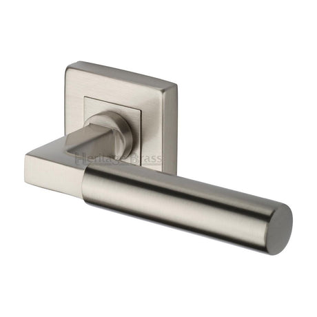 This is an image of a Heritage Brass - Door Handle Lever on Rose Bauhaus Sq Design Satin Nickel Finish, sq1926-sn that is available to order from Trade Door Handles in Kendal.