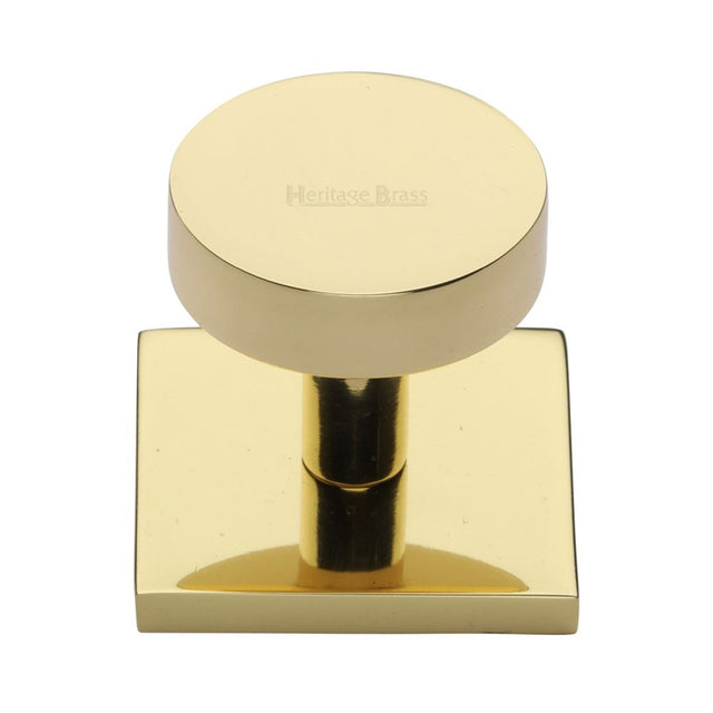 This is an image of a Heritage Brass - Cabinet Knob Disc Design with Square Backplate 32mm Polished Brass, sq3880-pb that is available to order from Trade Door Handles in Kendal.