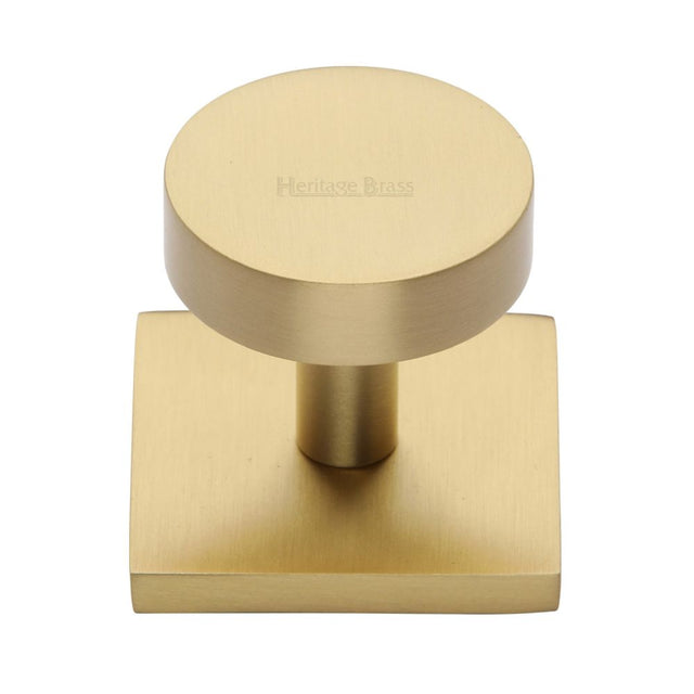 This is a image of a Heritage Brass - Cabinet Knob Disc Design with Square Backplate 32mm Sat. Brass that is available to order from Trade Door Handles in Kendal