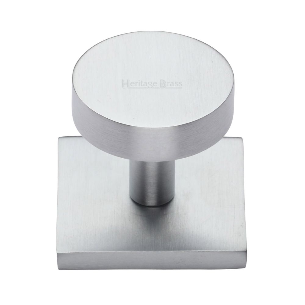 This is an image of a Heritage Brass - Cabinet Knob Disc Design with Square Backplate 32mm Satin Chrome, sq3880-sc that is available to order from Trade Door Handles in Kendal.