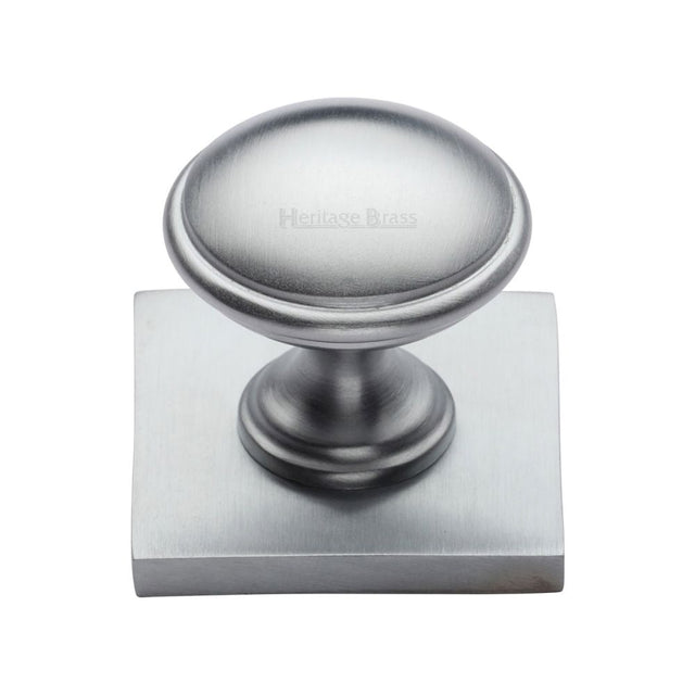 This is a image of a Heritage Brass - Cabinet Knob Domed Design with Square Backplate 32mm Sat. Chrom that is available to order from Trade Door Handles in Kendal