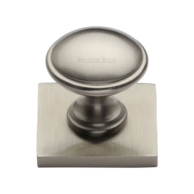 This is an image of a Heritage Brass - Cabinet Knob Domed Design with Square Backplate 32mm Satin Nicke, sq3950-sn that is available to order from Trade Door Handles in Kendal.