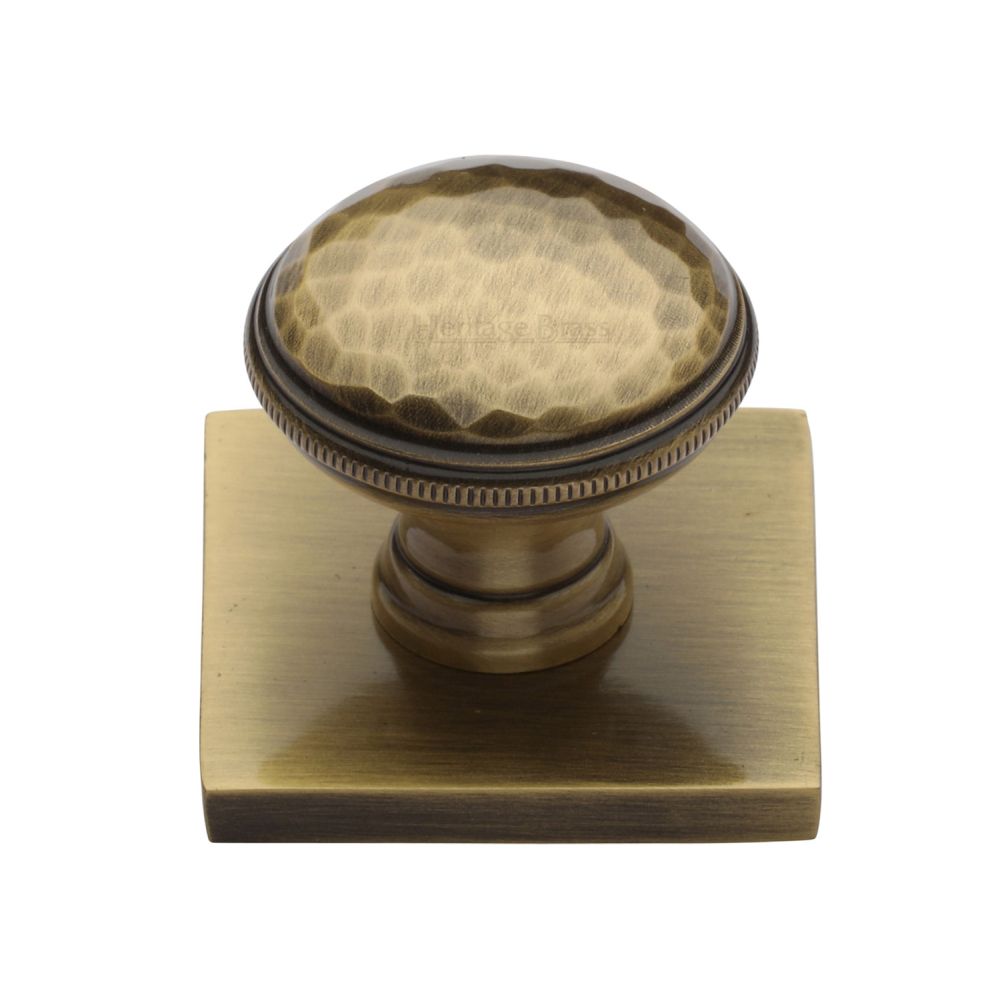 This is an image of a Heritage Brass - Cabinet Knob Diamond Cut Design with Square Backplate 32mm Antique, sq4545-at that is available to order from Trade Door Handles in Kendal.