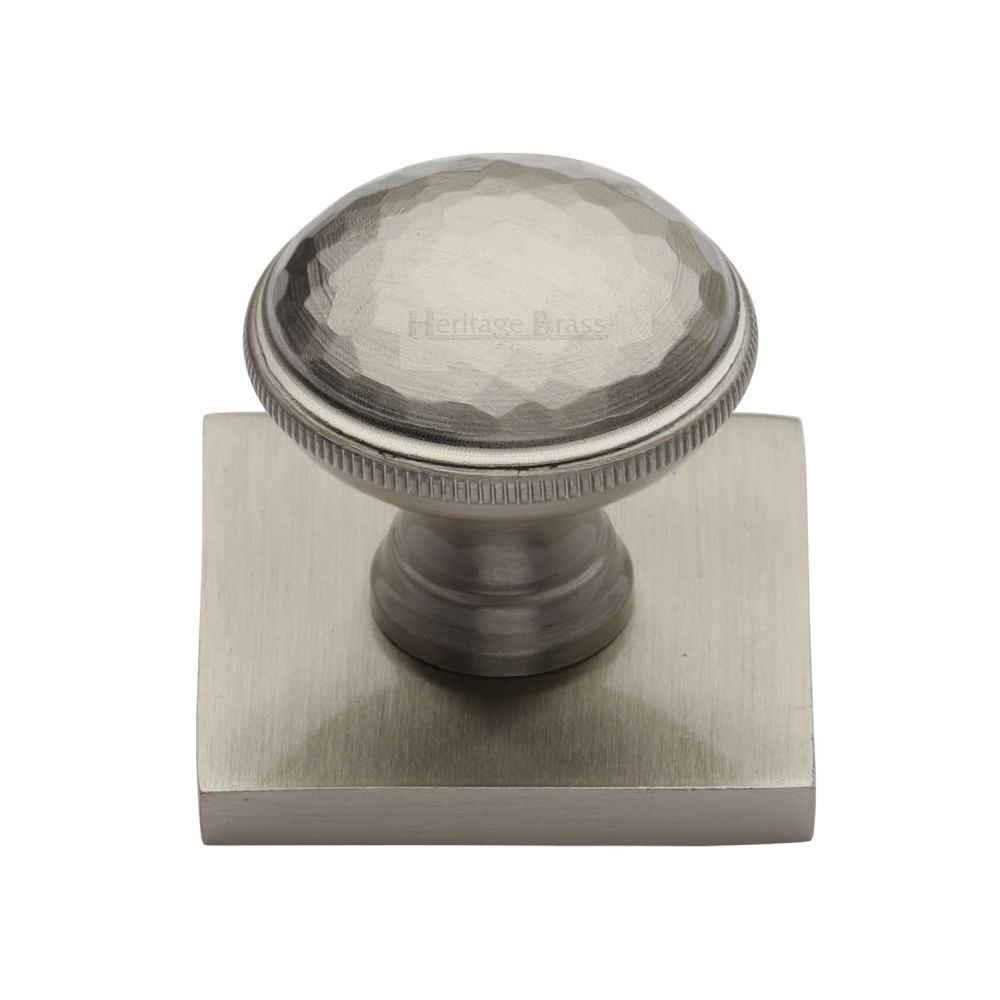 This is an image of a Heritage Brass - Cabinet Knob Diamond Cut Design with Square Backplate 32mm Satin, sq4545-sn that is available to order from Trade Door Handles in Kendal.