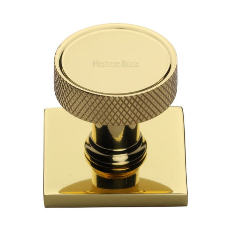 This is an image of a Heritage Brass - Cabinet Knob Florence Knurled Design with Square Backplate 32mm, sq4648-pb that is available to order from Trade Door Handles in Kendal.