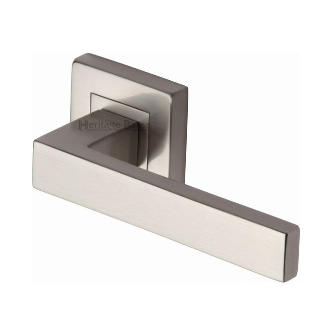 This is an image of a Heritage Brass - Door Handle Lever Latch on Square Rose Delta Sq Design Satin Nic, sq5420-sn that is available to order from Trade Door Handles in Kendal.