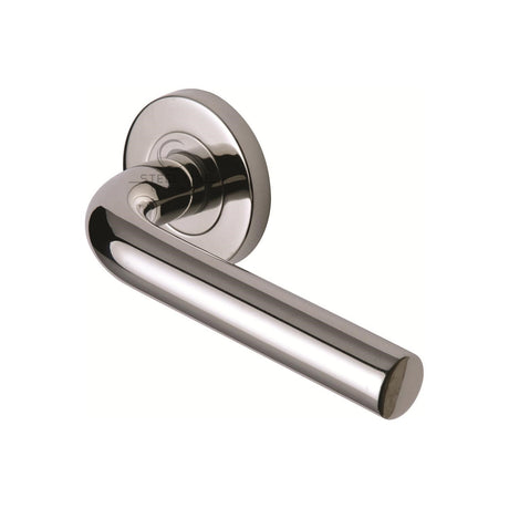 This is an image of a Steel Line Door Handle Lever Latch on Round Rose Tubular Design Polished Stainless Steel finish, ss-701-p that is available to order from Trade Door Handles in Kendal.