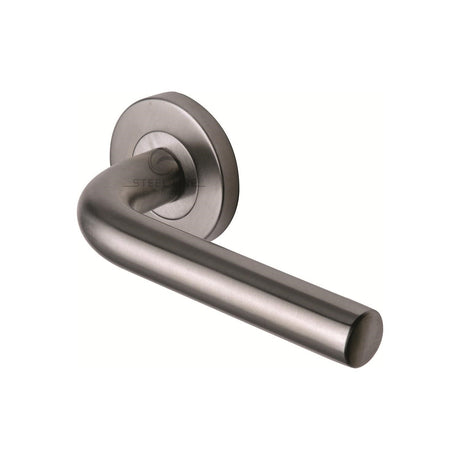 This is an image of a Steel Line Door Handle Lever Latch on Round Rose Tubular Design Satin Stainless Steel finish, ss-701-s that is available to order from Trade Door Handles in Kendal.