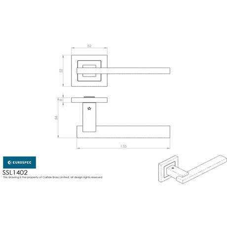 This image is a line drwaing of a Eurospec - Tange Designer Lever on Sprung Square Rose - Satin Stainless Steel available to order from Trade Door Handles in Kendal