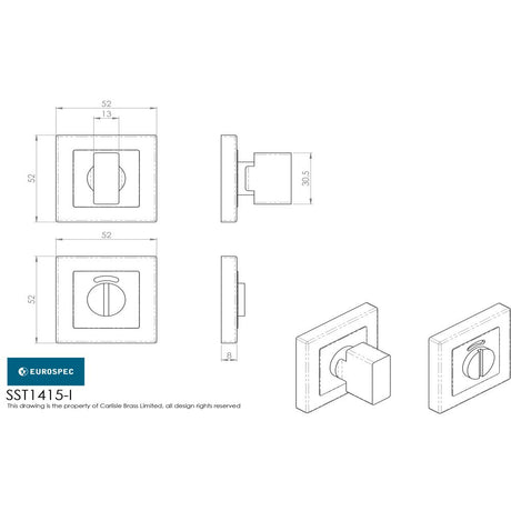 This image is a line drwaing of a Eurospec - Square Thumbturn and Release with Indicator - Satin Stainless Steel available to order from Trade Door Handles in Kendal