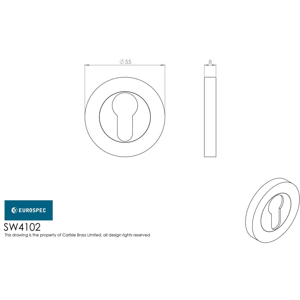 This image is a line drwaing of a Eurospec - Grade 316 Euro Profile Escutcheon - Satin Stainless Steel available to order from Trade Door Handles in Kendal