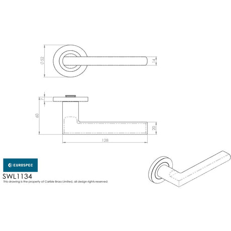 This image is a line drwaing of a Eurospec - Steelworx SWL Carlton Lever on Rose - Satin Stainless Steel available to order from Trade Door Handles in Kendal