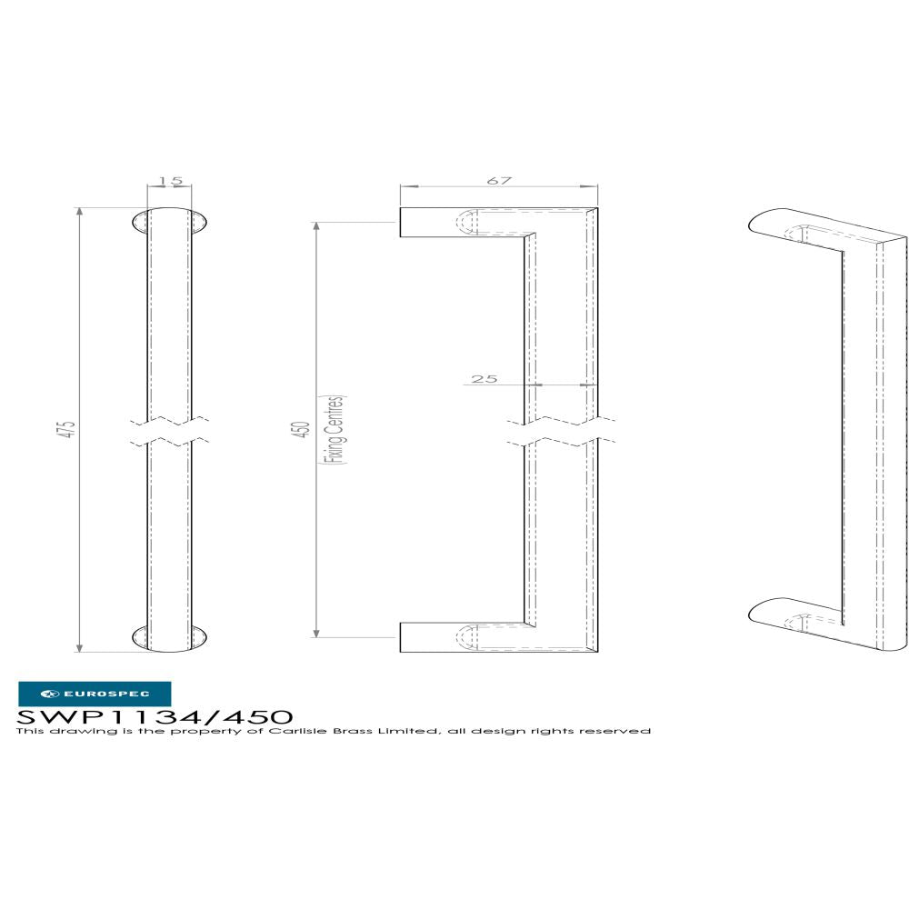 This image is a line drwaing of a Eurospec - Carlton Pull Handle - Satin Stainless Steel available to order from Trade Door Handles in Kendal