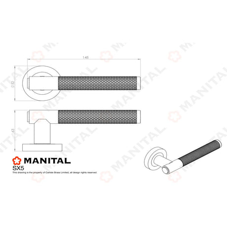 This image is a line drwaing of a Manital - Syntax Lever On round Rose - Satin Chrome available to order from Trade Door Handles in Kendal