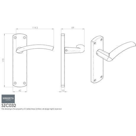 This image is a line drwaing of a Serozzetta - Tres Lever on Latch Backplate - Polished Chrome available to order from Trade Door Handles in Kendal