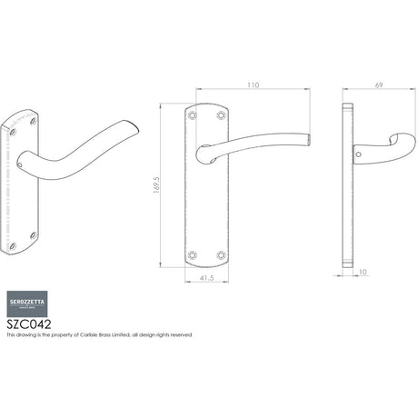 This image is a line drwaing of a Serozzetta - Cuatro Lever on Latch Backplate - Satin Chrome available to order from Trade Door Handles in Kendal