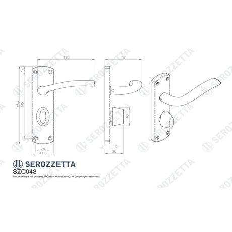 This image is a line drwaing of a Serozzetta - Cuatro Lever on WC Backplate - Satin Chrome available to order from Trade Door Handles in Kendal