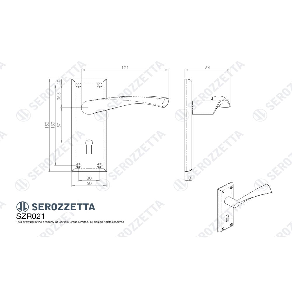 This image is a line drwaing of a Carlisle Brass - Serozzetta Venti Lever on Lock Backplate - Matt Black available to order from Trade Door Handles in Kendal