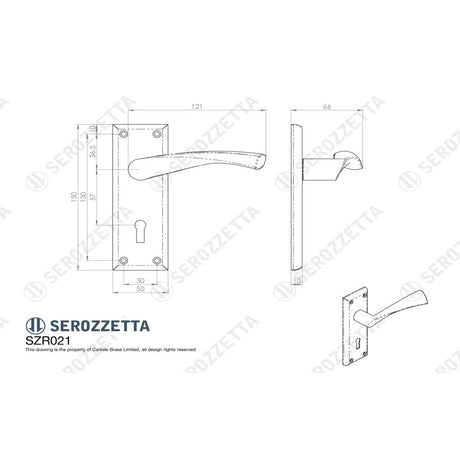 This image is a line drwaing of a Carlisle Brass - Serozzetta Venti Lever on Lock Backplate - Matt Black available to order from Trade Door Handles in Kendal