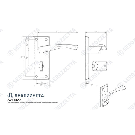 This image is a line drwaing of a Carlisle Brass - Serozzetta Venti Lever on Bathroom Backplate - Matt Black available to order from Trade Door Handles in Kendal