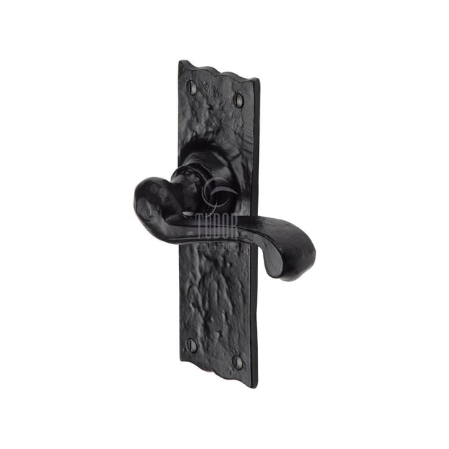 This is an image of a The Tudor Collection - Door Handle Lever Latch Shropshire Design Black Iron, tc110 that is available to order from Trade Door Handles in Kendal.