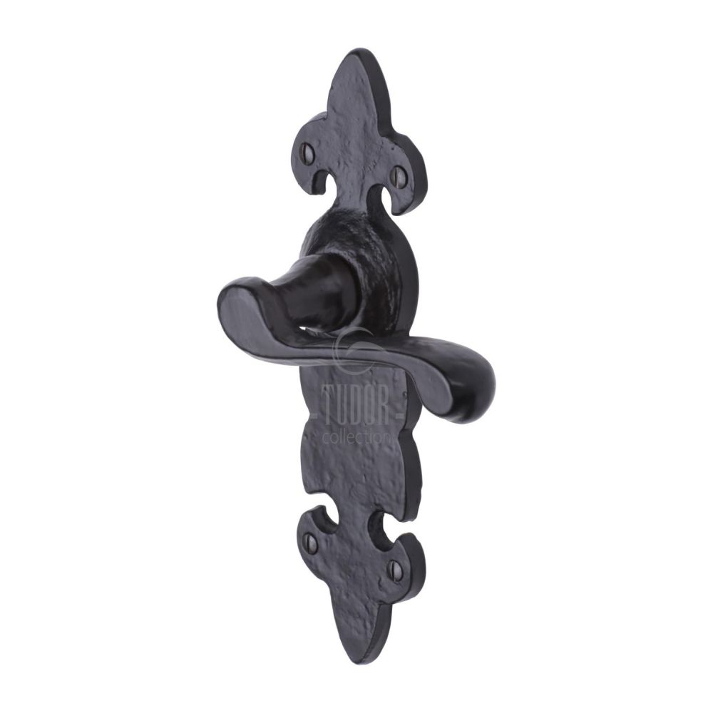 This is an image of a The Tudor Collection - Door Handle Lever Latch Fleur de Lys Design Black Iron, tc210 that is available to order from Trade Door Handles in Kendal.