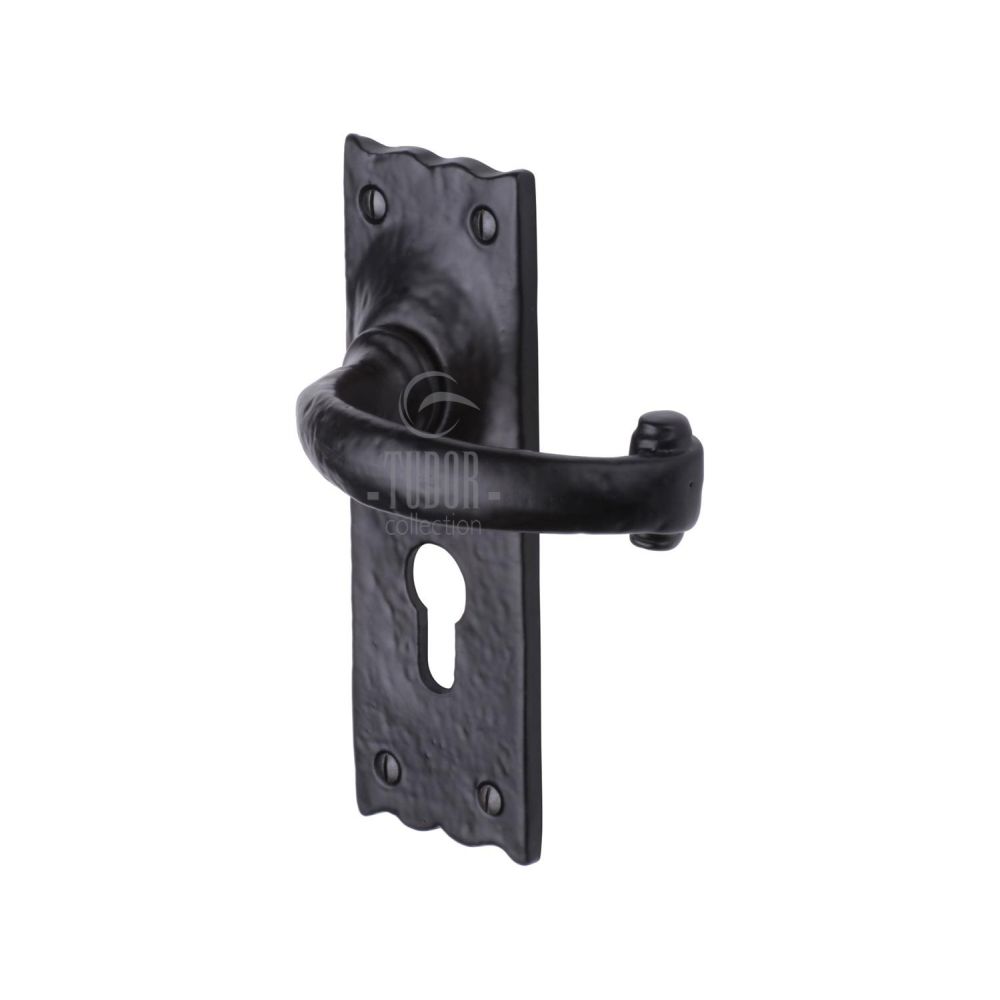 This is an image of a The Tudor Collection - Door Handle for Euro Profile Plate Colonial Design Black, tc348 that is available to order from Trade Door Handles in Kendal.