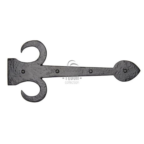 This is an image of a The Tudor Collection - Dummy Strap Hinge Fleur de Lys Design 15" Black Iron, tc412-381 that is available to order from Trade Door Handles in Kendal.